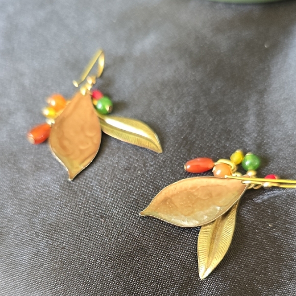 Silver Forest Gold Leaf Earrings with Multicolor Beads - Picture 3 of 4